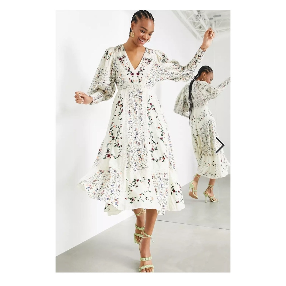 Asos edition floral embroidered midi dress with floral inserts